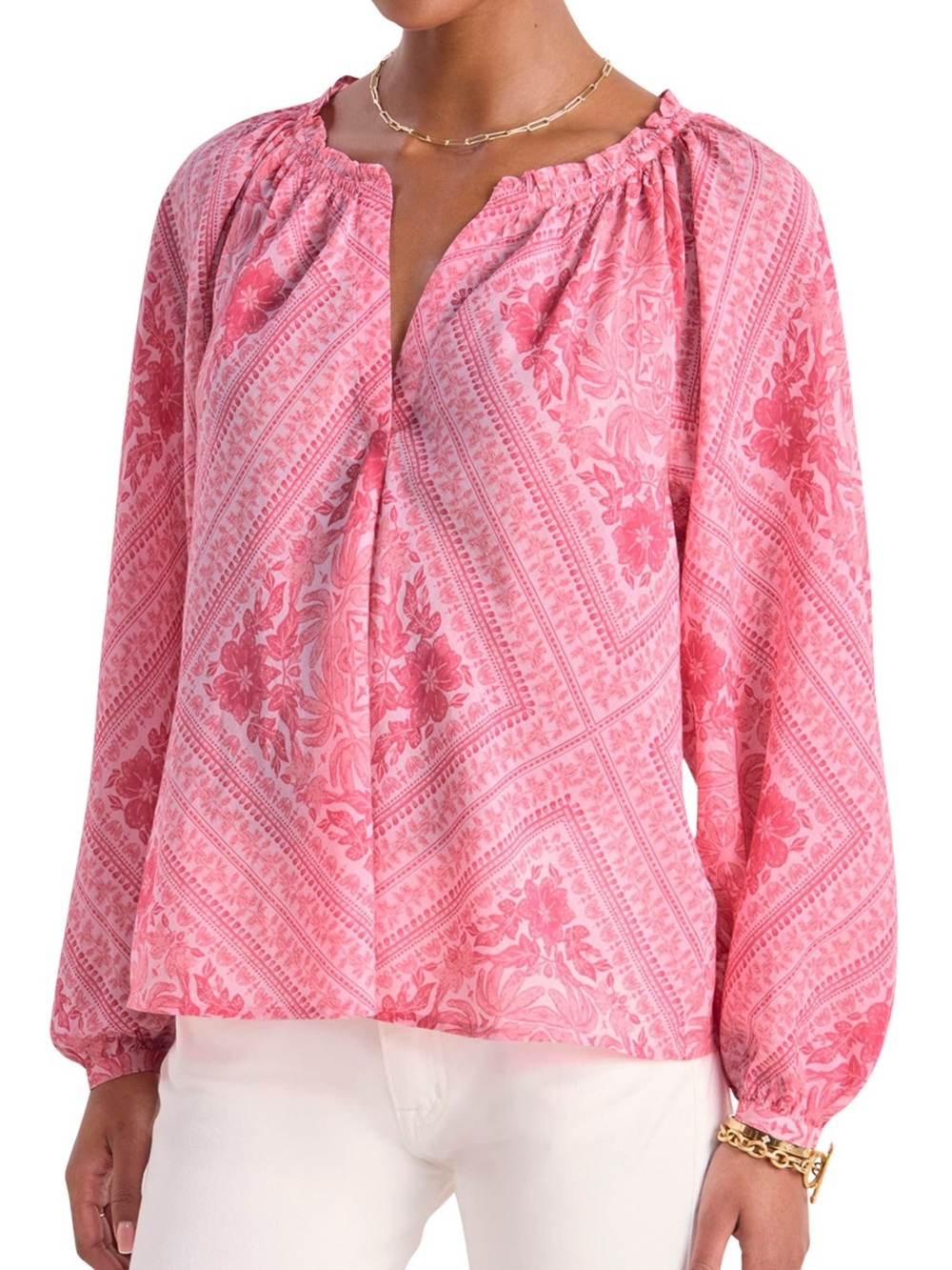🆕 Vineyard Vines Women's Tile Print Cotton Blend Top Blouse Pink Floral Size L